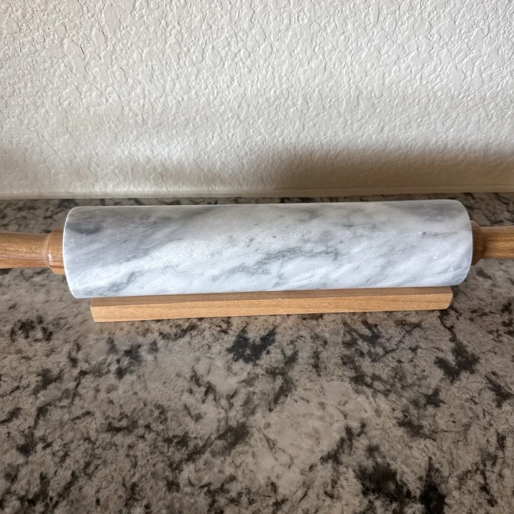 Vtg Marble Rolling Pin White & Gray With Wooden Handles & Base Stand Heavy